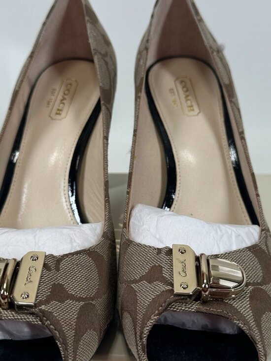 COACH Helaine Peep Toe Monogram Buckle Accent Pumps - Picture 2 of 9